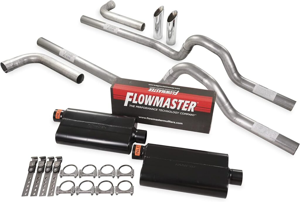 Truck Exhaust Kits - Shop Line Dual Exhaust System 2.5 inch Aluminized Flowmaster 50 Series Mufflers Side Exit Chrome Slash Cut Weld On Tips Fits 73 to 79 Ford F-Series