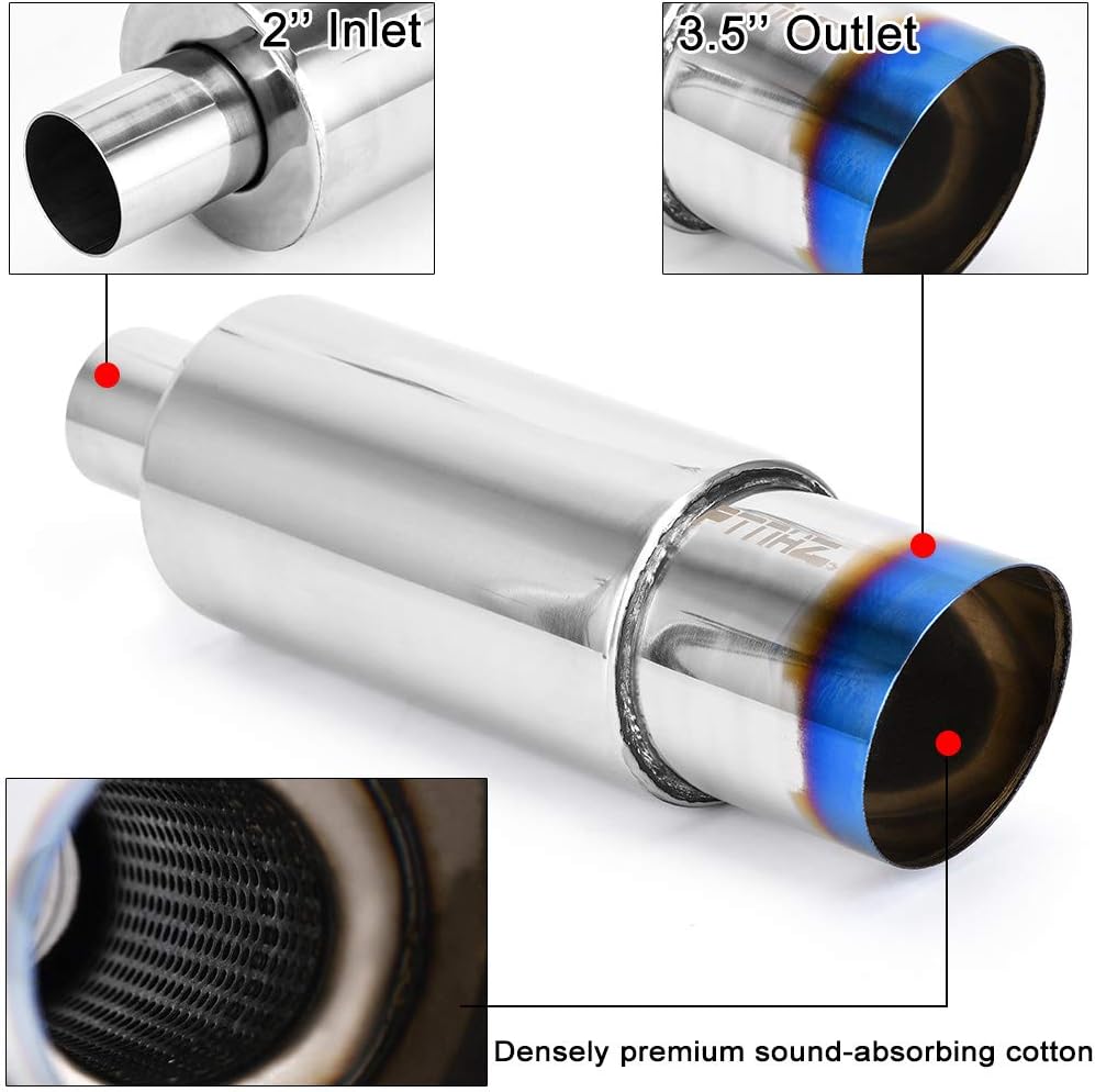 PTNHZ Stainless Steel 2 Inlet 3.5 Outlet Burnt Tip Exhaust Muffler Universal 14.1 Length